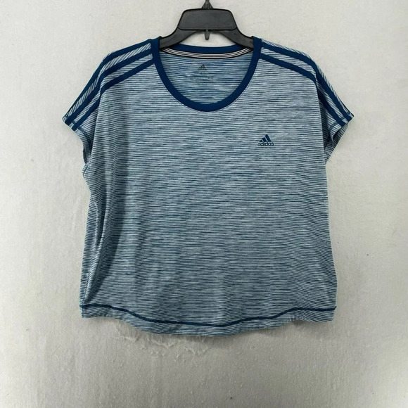 Adidas Tops Women's Sz L Blue Striped Boxy Fit Climalite Pullover Stretch Active - Picture 1 of 12